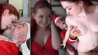 Sexy redhead riding Santa clau’s cock and makes him cum hardcore